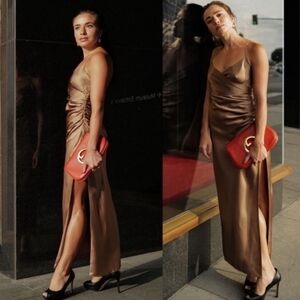 The Sei Strappy Gathered Silk Gown Champagne Satin‎ Women's Size 4 Midi